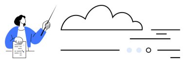 Elinde belge tutan kişi bir işaretçiyle bulut diyagramını işaret ediyor. Sunumlar, veri görselleştirme, bulut hizmetleri, eğitim, teknoloji tartışmaları, iş planlaması ve bilişim eğitimi için ideal