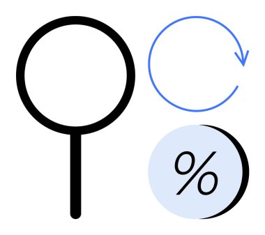 Büyüteç, mavi tazeleme oku ve kalın çizgilerle birbirine bağlı yüzde işareti. İş analizleri için ideal, veri incelemesi, süreç optimizasyonu, ekonomik raporlar, teknoloji güncellemeleri, izleme