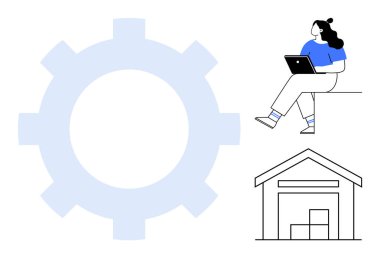 Dizüstü bilgisayarı olan bir kadın, büyük teçhizat, kutularla dolu bir depo. İş akışı otomasyonu, lojistik, uzaktan çalışma, sanayi süreçleri, üretkenlik, teknoloji entegrasyonu ve işletim planlaması için ideal