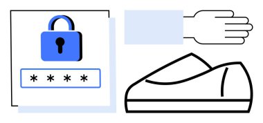 Digital lock icon above password entry form next to a hand and shoe illustration. Ideal for cybersecurity, user authentication, digital safety, technology accessibility, online privacy, secure login clipart