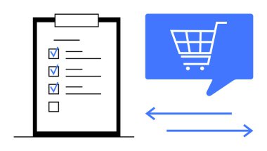 Kontrol panosu ve konuşma balonunda mavi bir alışveriş arabasının yanında boş bir kutu. E-ticaret, görev yönetimi, çevrimiçi alışveriş, envanter takibi, verimlilik, dijital