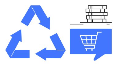 Mavi oklu geri dönüşüm üçgeni sembolü, konuşma balonunda alışveriş arabası ikonu ve bozuk para yığını. Sürdürülebilirliği, e-ticareti, çevre dostu uygulamaları, finansal tasarrufları desteklemek için ideal