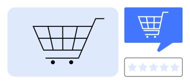 Mavi arka planda siyah alışveriş arabası, araba ikonlu konuşma balonu ve yıldız derecesi. Çevrimiçi alışveriş, e-ticaret, kullanıcı değerlendirmeleri, müşteri geribildirimleri, dijital pazarlama, mobil uygulamalar, perakende satış için ideal