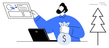 Bilgisayardaki mali tabloları incelerken elinde para çantası tutan bir adam. İş analizi, tatil tasarrufu, finansal planlama, yatırım, tatil bütçesi, kurumsal strateji ve festival sezonu