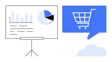 Bar, pasta grafikleri ve içinde alışveriş arabası sembolü olan mavi bir konuşma balonunun yanında metin olan sunum tahtası. İş analizi, e-ticaret, pazarlama stratejisi ve satış performansı için ideal