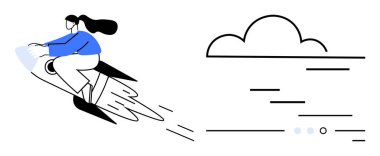 Uzun saçlı bir kadın buluta doğru roket sürüyor, yenilik ve hızın altını çiziyor. Teknoloji, girişimler, kariyer büyümesi, dijital dönüşüm, başarı, ilerleme, hırs için ideal. Satır metaforu