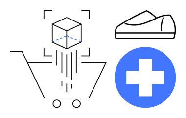 3 boyutlu bir küpün altında alışveriş arabası, sıradan bir ayakkabı ve mavi çemberin içinde sağlık sembolü. E-ticaret, perakende yenilik, ürün tasarımı, sağlık ve refah, teknoloji entegrasyonu, çevrimiçi alışveriş için ideal