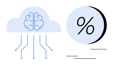 Cloud with brain and data lines next to percentage symbol. Ideal for technology, computing, data analysis, artificial intelligence, machine learning, financial analysis, educational resources. Line clipart