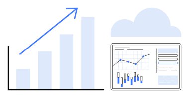 Büyüme eğilimli ok, bulut sembolü ve çizgi grafiği ve çizelge analizini gösteren gösterge tablosu. Ticari büyüme, bulut hesaplama, veri analizi ve mali raporlama için ideal