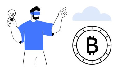 VR kulaklık takan adam elinde parlak bir ampul tutarken Bitcoin sembolünü işaret ediyor. Kripto para birimi, teknoloji, yenilik, finans, sanal gerçeklik, engelleme zinciri için ideal