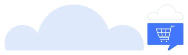 Büyük mavi bulut şekli küçük mavi konuşma baloncuğuna bağlı ve alışveriş arabası ikonu var. E-ticaret, bulut hesaplama, çevrimiçi alışveriş, dijital pazarlama, web hizmetleri, perakende, teknoloji için ideal