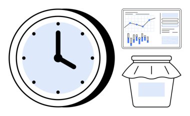 Veri analizi ve reçel kavanozu bulunan bir grafik grafiğinin yanındaki duvar saati. Üretim, işletme, ekonomi, gıda korunumu, takvim, zaman yönetimi ve kaynak tahsis temaları için ideal