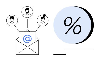 Open envelope with email symbol connected to profile icons alongside percentage symbol. Ideal for marketing, communication, client engagement, analytics, networking, digital strategy, CRM. Line clipart