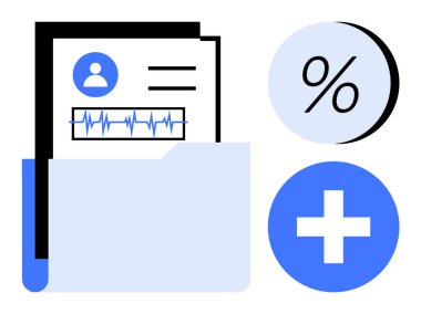 Hasta verileri ve kalp atış hızı grafiği içeren tıbbi dosya bir klasörde, yüzde sembolü ve artı simge. Sağlık hizmetleri, tıbbi kayıtlar, istatistikler, hasta yönetimi ve sağlık denetimi için ideal