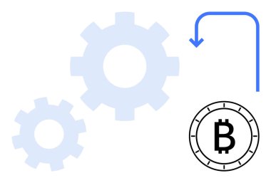 İşlem akışını gösteren eğri bir ok ile dişli mekanizmaları ve Bitcoin sembolü. Engelleme zinciri, kripto para birimi, teknoloji sistemleri, finansal süreçler, dijital para birimleri, fintech, otomasyon için ideal