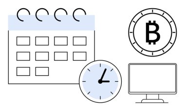 Takvim, saat, Bitcoin sembolü ve iş takvimini gösteren bilgisayar monitörü, zaman yönetimi ve dijital ekonomi. İş, finans, teknoloji, kripto para birimi zamanlaması için ideal