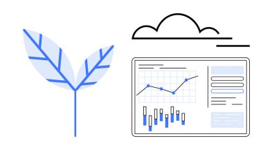 İki mavi yaprak, bulut anahatlarının altındaki bir veri analiz panelinin yanında büyümeyi sembolize ediyor. Sürdürülebilirlik, teknoloji, çevre koruma, veri analizi, melez çözümler için ideal
