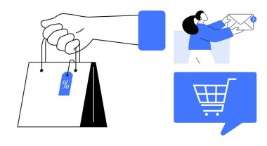Satış etiketli el çantası, posta ikonu olan kişi, alışveriş arabası sembolü. E-ticaret, perakende pazarlama, e-posta promosyonları, satış etkinlikleri, çevrimiçi alışveriş, müşteri iletişimi için ideal