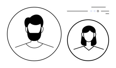 Sakallı bir erkek profili ikonu ve basit siyah-beyaz bir kadın profil ikonu. Sosyal medya, web tasarımı, kullanıcı profilleri, takım tanıtımları, sunumlar, uygulamalar ve eğitim için ideal