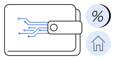 Elektronik devreli dijital cüzdan ve iki simge yüzdesi ve ev. Finans, bankacılık, dijital ödemeler, çevrimiçi işlemler, teknoloji, gayrimenkul, bütçe yönetimi için ideal. Çizgi