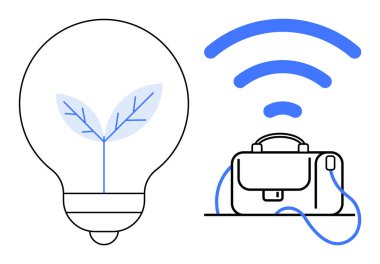 Kablosuz sinyallere bağlı bir evrak çantasının yanında bitkinin ekolojik yenilikleri sembolize eden ampul. Sürdürülebilir iş, yeşil teknoloji, ticari yenilik, uzak çalışma, bağlantı için ideal