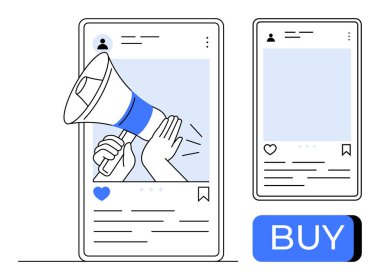 Sosyal medya içinde akıllı telefon ekranlarında megafonu tutan eller çevrimiçi promosyon ve pazarlamayı sembolize ediyor. Satın alma düğmesi işaretlendi. Dijital pazarlama, e-ticaret, sosyal medya için ideal