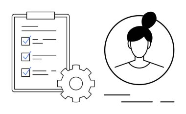 Vites simgesinin yanında kontrol listesi olan bir pano ve topuzlu bir kadının dairesel profili. Proje yönetimi, takım görevleri, HR süreçleri, profil düzenlemeleri, iş planlaması, verimlilik için ideal