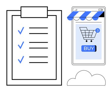 Bir cep telefonu ekranında kontrol listesindeki üç işaretli sembolün altında satın alma tuşu ve bir bulut simgesi olan çevrimiçi bir alışveriş arabası görülüyor. E-ticaret, çevrimiçi alışveriş, görev yönetimi ve dijital için ideal