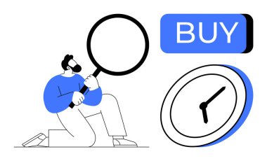 Diz çöküp elinde büyüteç tutan adam, saati analiz eden ve büyük satın alma düğmesi olan adam. İş için ideal, e-ticaret, piyasa analizi, araştırma, zaman yönetimi, karar verme, yatırım. Satır metaforu