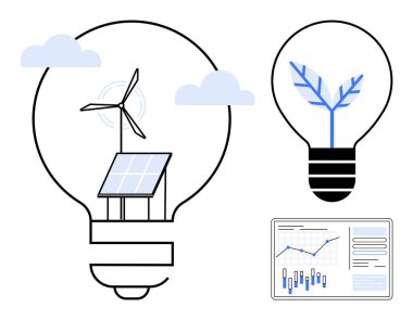 Güneş panelli ampuller, rüzgar türbini ve yaprak. Sürdürülebilirlik, yenilenebilir enerji, çevresel farkındalık, yenilik, temiz teknoloji, çevre dostu çözümler ve veri analizleri için idealdir. Çizgi