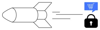 Hızlı ve güvenli e-ticareti sembolize ederek alışveriş arabasının sembol ve kilidine doğru hareket halindeki roket fırlatılması. E-ticaret, dağıtım hizmetleri, çevrimiçi güvenlik, lojistik ve dijital için ideal