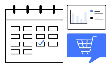 Kontrol işaretli takvim, veri görüşlü bar çizelgesi ve konuşma balonunda alışveriş arabası. Planlama, programlama, e-ticaret, dijital pazarlama, veri analizi, üretkenlik ve proje için ideal