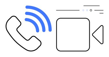 Mavi kablosuz dalgalı telefon alıcısı ve dijital sinyalli video kamera ikonu. İletişim, telekomünikasyon, video görüşmeleri, uzaktan çalışma, dijital etkileşimler, çevrimiçi toplantılar için ideal