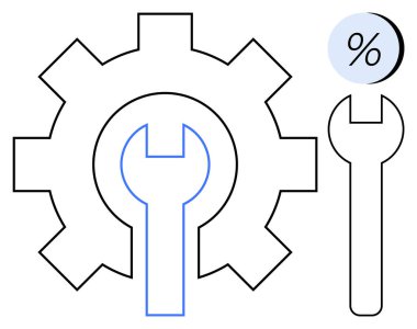 Ortasında mavi anahtar, siyah anahtar ve yüzde sembolü olan vites, finans, mühendislik, bakım, optimizasyon, onarım, veri analizi ve teknik sunumlar için idealdir. Satır metaforu