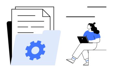 Kağıtlar mavi ayarlar dişli simgesi ile klasörde. Otururken dizüstü bilgisayar kullanan bir kadın. İş süreçleri, üretkenlik, dijital organizasyon, dosya yönetimi, yazılım ayarları, ofis iş akışı için ideal