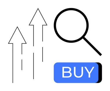 Büyük büyüteç ve mavi tabletin yanında yukarı doğru hareket eden siyah oklar var. İş, pazarlama, yatırım, mali büyüme, e-ticaret, başlangıç stratejileri, çevrimiçi alışveriş için ideal