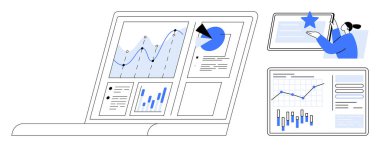 Çoklu aygıtlardaki veri tablolarını ve grafiklerini inceleyen kişi. İş analizi, veri görselleştirme, uzaktan çalışma, dijital araçlar, sunumlar, rapor üretimi ve eğitim için idealdir. Çizgi
