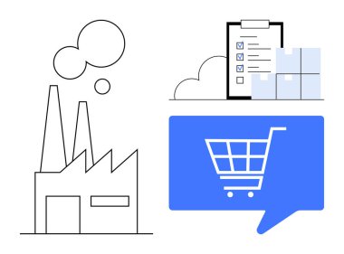 Tütsülü fabrika, listeli pano, istiflenmiş kutular ve alışveriş arabası ikonu. Sanayi, üretim, e-ticaret, lojistik, tedarik zinciri, envanter yönetimi için ideal