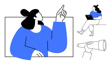 Yukarı bakan bir kadın, dizüstü bilgisayarı olan bir başkası ve teleskopu tutan bir el. Eğitim için ideal, çevrimiçi öğrenme, sunumlar, araştırma, strateji, keşif, rehberlik. Çizgi