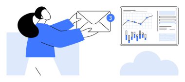 Elinde büyük bir zarf ve rozet tutan bir kadın. Yakınlarda grafik ve çizelgeleri gösteren bir ekran var. İş için ideal, iletişim, e-posta yönetimi, veri analizi, üretkenlik