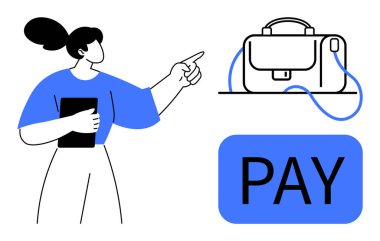 Evrak çantasını işaret eden bir kadın, elinde tablet, ödeme düğmesinin yanında. Ödeme işlemleri, finans, e-ticaret, çevrimiçi işlemler, dijital cüzdanlar, iş harcamaları, alışveriş için ideal. Çizgi