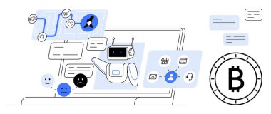 Yapay zeka sohbet robotu mesajlara, kripto para birimi sembollerine ve dijital arayüzdeki bağlı simgelere cevap veriyor. Teknoloji için ideal, yapay zeka iletişimi, sohbet robotu entegrasyonu, kripto para birimi, engelleme zinciri