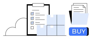 İşaretli panodaki kontrol listesi, istiflenmiş nakliye kutuları, belge dosyası ve satın alma düğmesi. E-ticaret, envanter yönetimi, sipariş işleme, çevrimiçi alışveriş, lojistik, tedarik zinciri için ideal