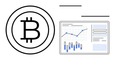 Grafikleri ve grafikleri gösteren dijital gösterge panelinin yanında Bitcoin sembolü. Finans, kripto para birimi, piyasa eğilimlerini izlemek, ticaret, yatırım analizi, fintech, engelleme zinciri için idealdir. Satır metaforu