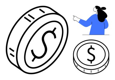 Ortasında dolar işareti olan büyük bir bozuk para. Sağ üstte, mavi elbiseli biri madeni parayı işaret ediyor. Finans, para yönetimi, yatırım, tasarruf ve ekonomik temalar için ideal