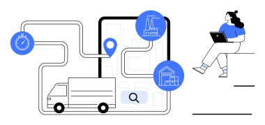 Dizüstü bilgisayar kullanan bir kadın harita üzerinde kamyonun teslimat güzergahını takip ediyor. Mekan kodu, fabrika kodu ve ev simgeleri var. Lojistik, tedarik zinciri, dağıtım hizmetleri, navigasyon ve envanter yönetimi için ideal