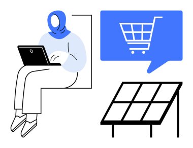 Dizüstü bilgisayar, mavi alışveriş arabası ikonu ve güneş paneli kullanan tesettürlü bir kadın. Ekommerce, yenilenebilir enerji, teknoloji, uzaktan çalışma, sürdürülebilirlik, çevrimiçi alışveriş, eğitim için idealdir. Satır metaforu