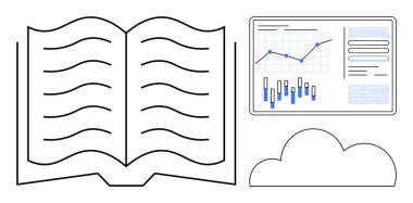 Metni, analitik gösterge panelini, çeşitli grafik ve grafikleri ve bir bulutu temsil eden dalgalı çizgilerle açık bir kitap. Eğitim, veri analizi, bilgi depolama, iş stratejisi için ideal