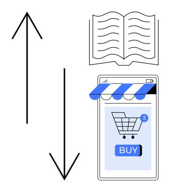 İki dikey ok, açık bir kitap ve mavi butonlu online alışveriş arabasını gösteren bir akıllı telefon. E-ticaret, çevrimiçi öğrenme, dijital navigasyon, eğitim teknolojisi için ideal