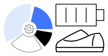 Ayakkabı, segmentli pasta grafiği, dişli ekipman ve pil ikonu. Teknoloji, ilerleme, zindelik, enerji yönetimi, iş analizleri, yenilenebilir enerji, modern yaşam için idealdir. Satır metaforu